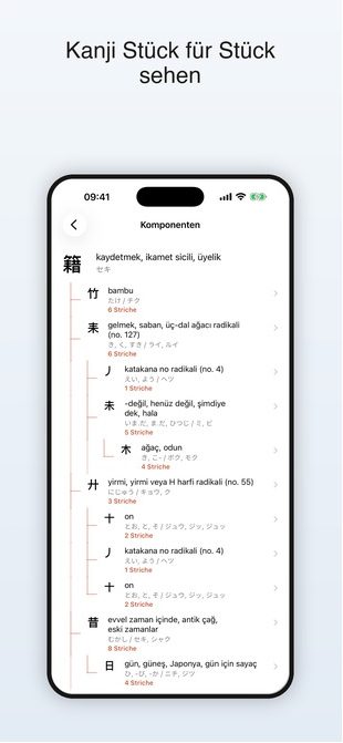 Japonca Screenshot mit Kanji-Komponentenbaum